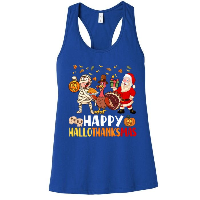 Happy Hallothanksmas Halloween Thanksgiving Christmas Day Gift Women's Racerback Tank