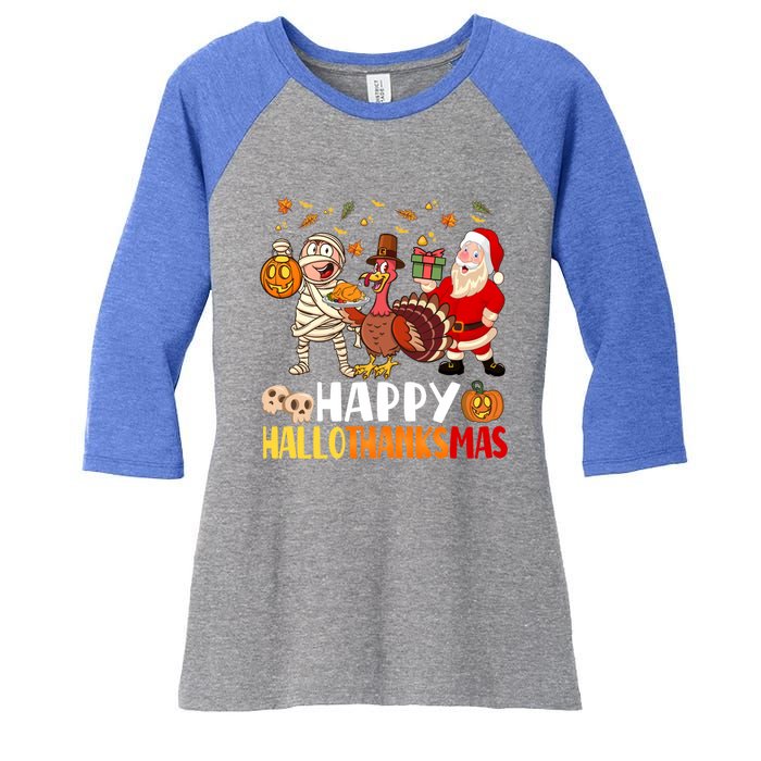 Happy Hallothanksmas Halloween Thanksgiving Christmas Day Gift Women's Tri-Blend 3/4-Sleeve Raglan Shirt