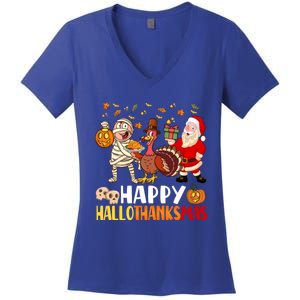 Happy Hallothanksmas Halloween Thanksgiving Christmas Day Gift Women's V-Neck T-Shirt