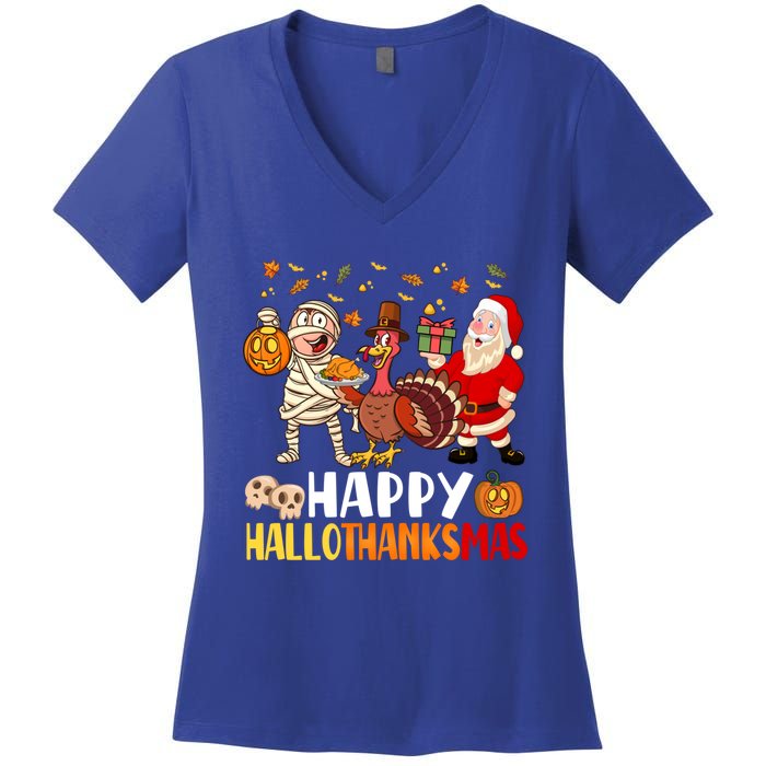 Happy Hallothanksmas Halloween Thanksgiving Christmas Day Gift Women's V-Neck T-Shirt