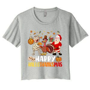 Happy Hallothanksmas Halloween Thanksgiving Christmas Day Gift Women's Crop Top Tee