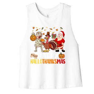 Happy Hallothanksmas Halloween Thanksgiving Christmas Day Gift Women's Racerback Cropped Tank