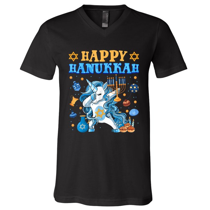 Happy Happy Hanukkah Unicorn Jewnicorn Chanukah Jewish Xmas Gifts V-Neck T-Shirt