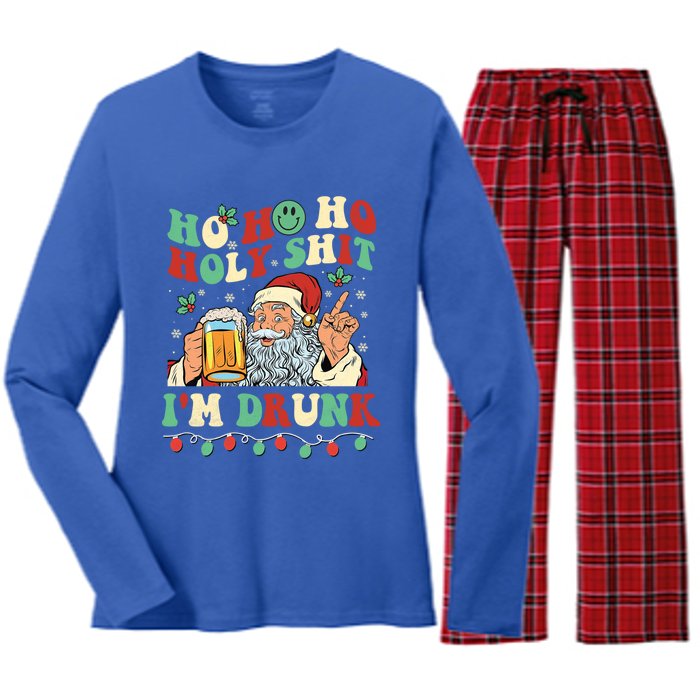 Ho Ho Holy Shit Im Drunk Beer Santa Hat Christmas Ing Gift Women's Long Sleeve Flannel Pajama Set 