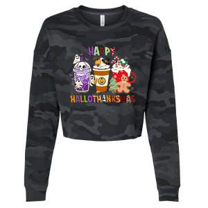 Happy Hallothanksmas Halloween Thanksgiving Christmas Coffee Cropped Pullover Crew