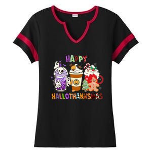 Happy Hallothanksmas Halloween Thanksgiving Christmas Coffee Ladies Halftime Notch Neck Tee