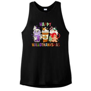 Happy Hallothanksmas Halloween Thanksgiving Christmas Coffee Ladies PosiCharge Tri-Blend Wicking Tank