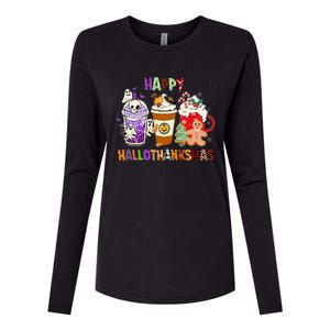 Happy Hallothanksmas Halloween Thanksgiving Christmas Coffee Womens Cotton Relaxed Long Sleeve T-Shirt