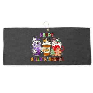 Happy Hallothanksmas Halloween Thanksgiving Christmas Coffee Large Microfiber Waffle Golf Towel