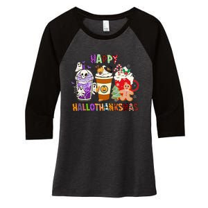 Happy Hallothanksmas Halloween Thanksgiving Christmas Coffee Women's Tri-Blend 3/4-Sleeve Raglan Shirt