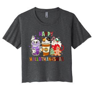 Happy Hallothanksmas Halloween Thanksgiving Christmas Coffee Women's Crop Top Tee