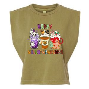 Happy Hallothanksmas Halloween Thanksgiving Christmas Coffee Garment-Dyed Women's Muscle Tee