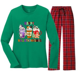 Happy Hallothanksmas Halloween Thanksgiving Christmas Coffee Women's Long Sleeve Flannel Pajama Set 