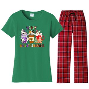 Happy Hallothanksmas Halloween Thanksgiving Christmas Coffee Women's Flannel Pajama Set