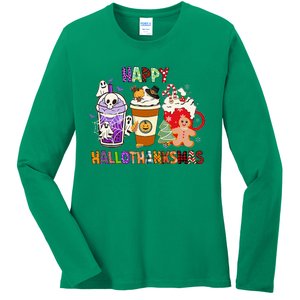 Happy Hallothanksmas Halloween Thanksgiving Christmas Coffee Ladies Long Sleeve Shirt