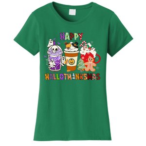 Happy Hallothanksmas Halloween Thanksgiving Christmas Coffee Women's T-Shirt