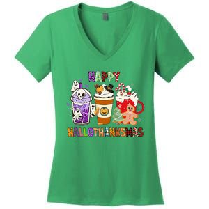 Happy Hallothanksmas Halloween Thanksgiving Christmas Coffee Women's V-Neck T-Shirt