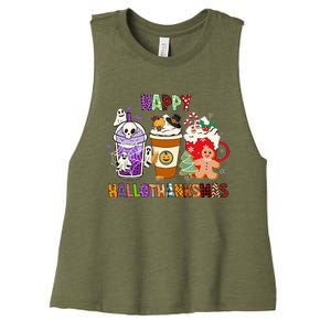 Happy Hallothanksmas Halloween Thanksgiving Christmas Coffee Women's Racerback Cropped Tank