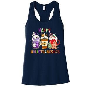 Happy Hallothanksmas Halloween Thanksgiving Christmas Coffee Women's Racerback Tank