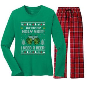 Ho Ho Holy I Need A Beer Santa Claus Ugly Christmas Women's Long Sleeve Flannel Pajama Set 