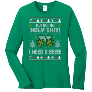 Ho Ho Holy I Need A Beer Santa Claus Ugly Christmas Ladies Long Sleeve Shirt