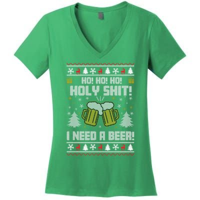 Ho Ho Holy I Need A Beer Santa Claus Ugly Christmas Women's V-Neck T-Shirt
