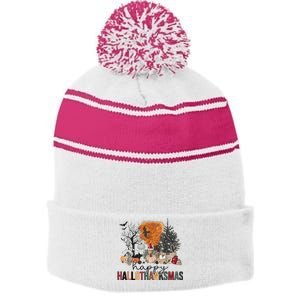 Happy Hallothanksmas Halloween Thanksgiving Christmas Autumn Stripe Pom Pom Beanie