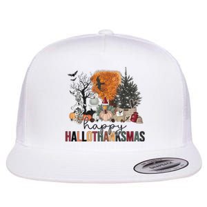 Happy Hallothanksmas Halloween Thanksgiving Christmas Autumn Flat Bill Trucker Hat