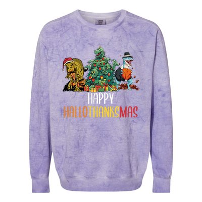 Happy Hallothanksmas Halloween Thanksgiving Christmas T Rex Colorblast Crewneck Sweatshirt