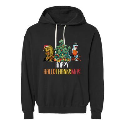 Happy Hallothanksmas Halloween Thanksgiving Christmas T Rex Garment-Dyed Fleece Hoodie