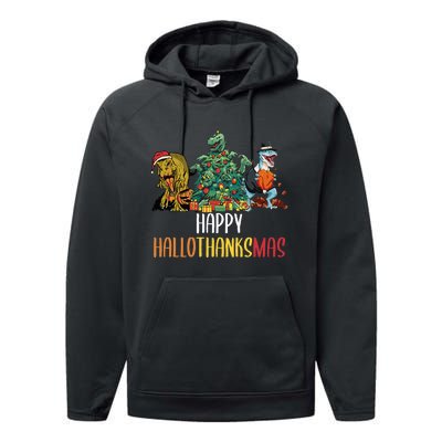 Happy Hallothanksmas Halloween Thanksgiving Christmas T Rex Performance Fleece Hoodie