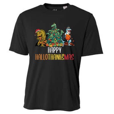 Happy Hallothanksmas Halloween Thanksgiving Christmas T Rex Cooling Performance Crew T-Shirt