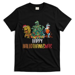 Happy Hallothanksmas Halloween Thanksgiving Christmas T Rex T-Shirt