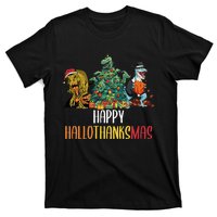 Happy Hallothanksmas Halloween Thanksgiving Christmas T Rex T-Shirt