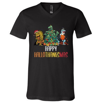 Happy Hallothanksmas Halloween Thanksgiving Christmas T Rex V-Neck T-Shirt