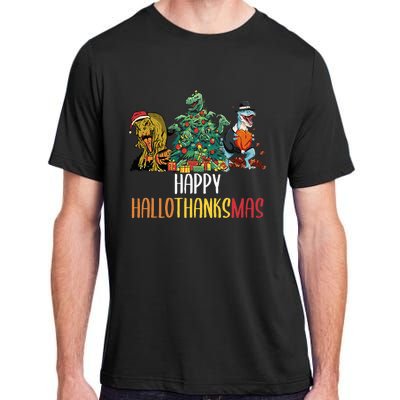 Happy Hallothanksmas Halloween Thanksgiving Christmas T Rex Adult ChromaSoft Performance T-Shirt