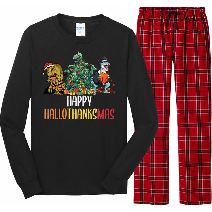 Happy Hallothanksmas Halloween Thanksgiving Christmas T Rex Long Sleeve Pajama Set