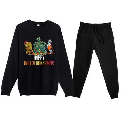 Happy Hallothanksmas Halloween Thanksgiving Christmas T Rex Premium Crewneck Sweatsuit Set