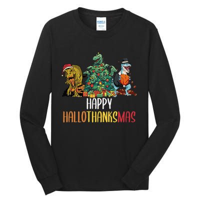 Happy Hallothanksmas Halloween Thanksgiving Christmas T Rex Tall Long Sleeve T-Shirt