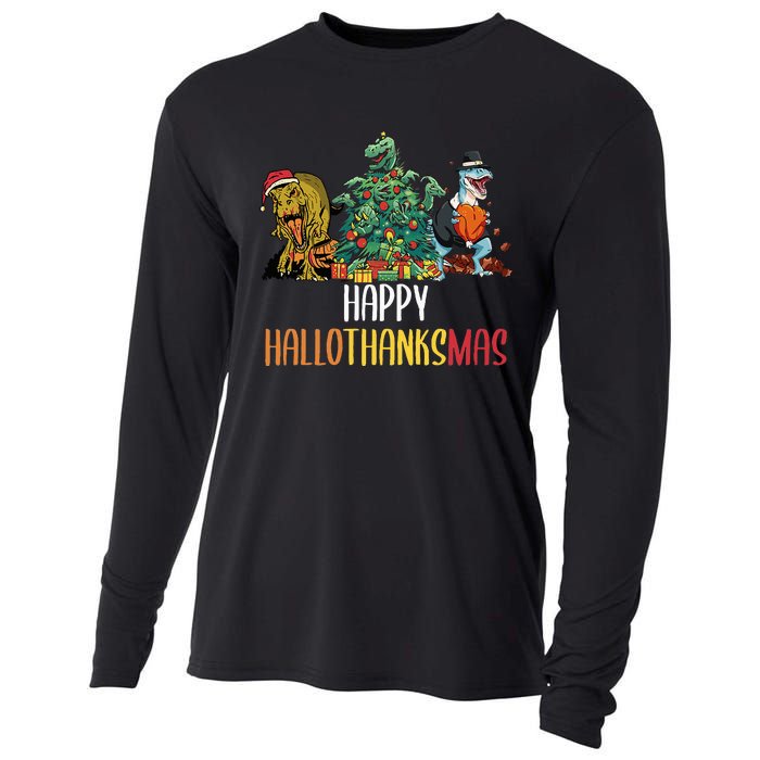 Happy Hallothanksmas Halloween Thanksgiving Christmas T Rex Cooling Performance Long Sleeve Crew