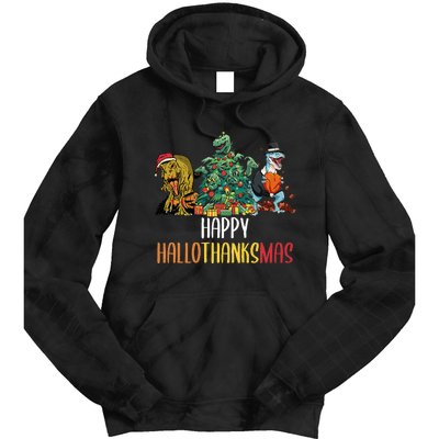 Happy Hallothanksmas Halloween Thanksgiving Christmas T Rex Tie Dye Hoodie