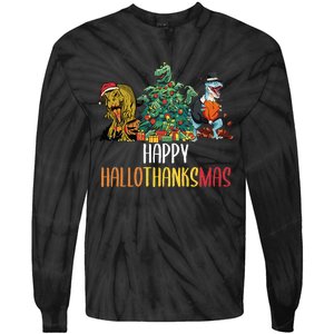 Happy Hallothanksmas Halloween Thanksgiving Christmas T Rex Tie-Dye Long Sleeve Shirt