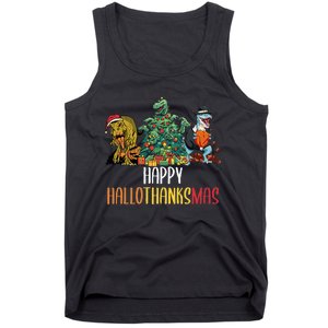 Happy Hallothanksmas Halloween Thanksgiving Christmas T Rex Tank Top