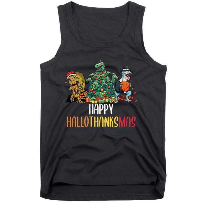 Happy Hallothanksmas Halloween Thanksgiving Christmas T Rex Tank Top