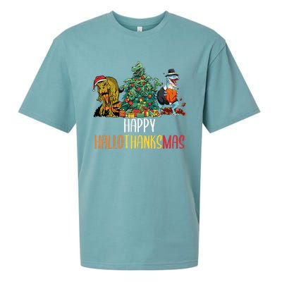 Happy Hallothanksmas Halloween Thanksgiving Christmas T Rex Sueded Cloud Jersey T-Shirt