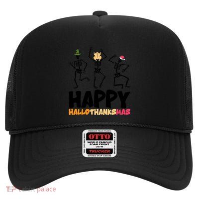 Happy Hallothanksmas Halloween Thanksgiving Christmas Gift High Crown Mesh Back Trucker Hat