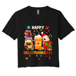 Happy Hallothanksmas Halloween Coffee Latte Thanksgiving Women's Crop Top Tee