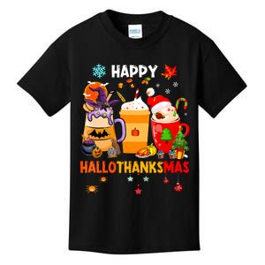 Happy Hallothanksmas Halloween Coffee Latte Thanksgiving Kids T-Shirt