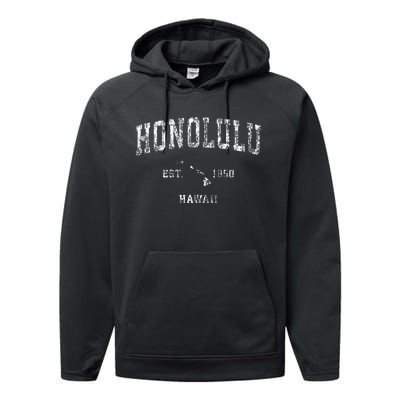 Honolulu Hawaii Hi Vintage Athletic Sports Design Performance Fleece Hoodie