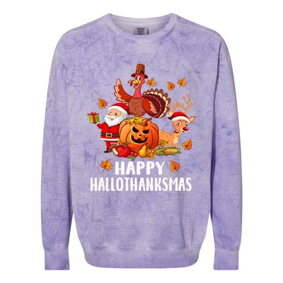 Happy Hallothanksmas Halloween Thanksgiving Christmas Day Colorblast Crewneck Sweatshirt